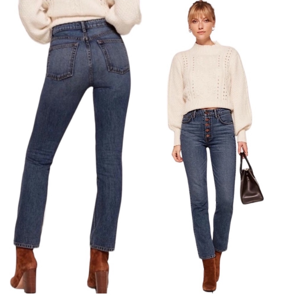 Reformation Winona Mid Slim Button Fly Jeans in Baltic Wash 28